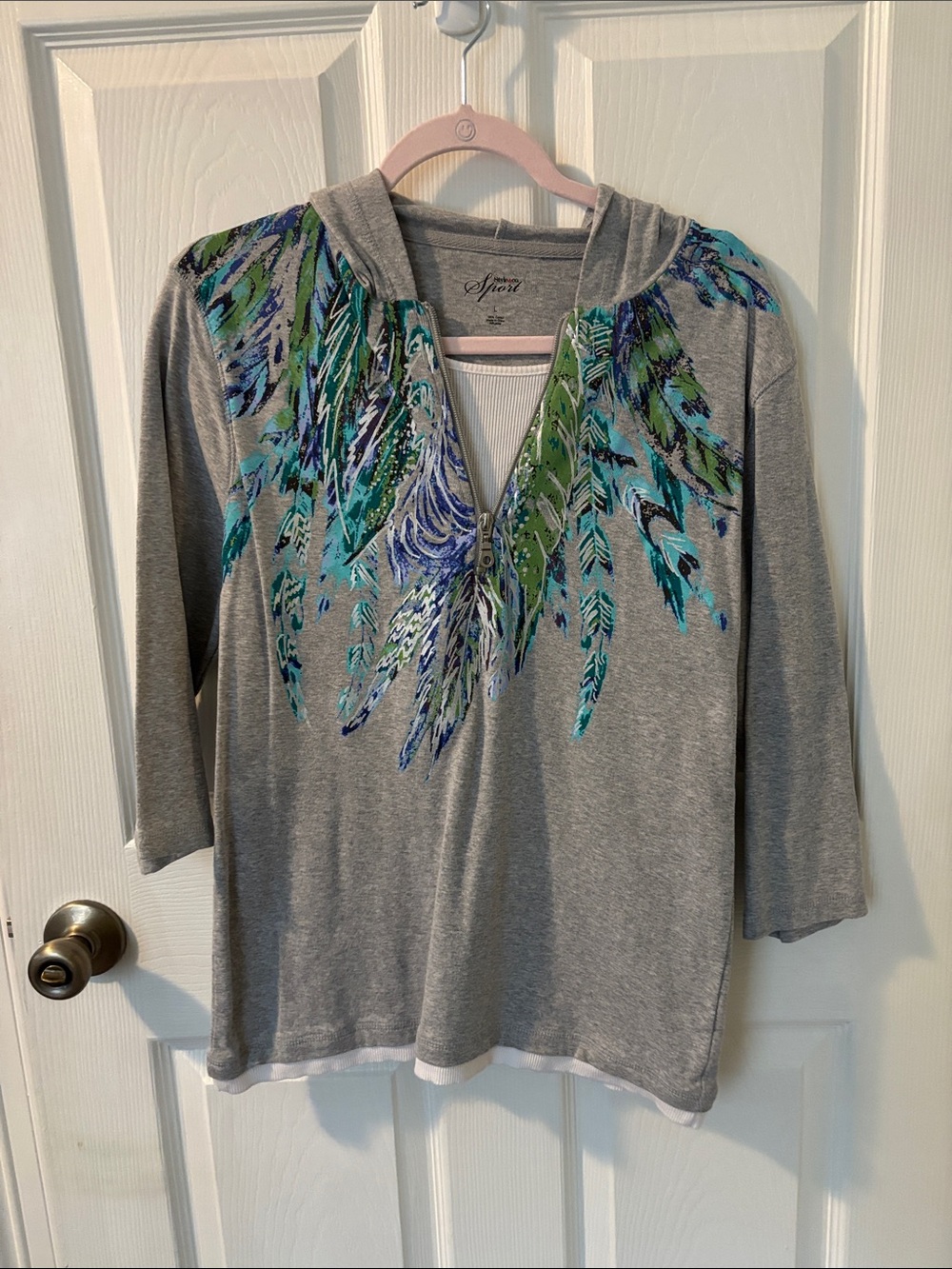 Style & Co. Grey Hooded Sweatshirt with Blue-Green Feather Design